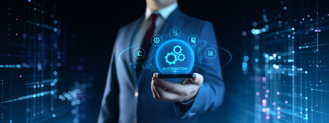 Businessman Holding smartphone with Automation Process Icons on Screen. Business and Industry concept