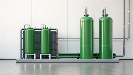 A modern industrial setup featuring large green tanks and pipes against a minimalist wall, likely for gas storage or processing.