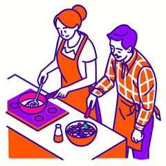 Two people collaborating in a brightly colored isometric illustration while preparing food together using a stovetop and mixing ingredients in a bowl