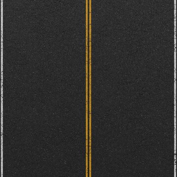 Asphalt road surface with double yellow centerline vertical view. 3D rendering illustration