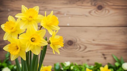 Yellow daffodils in a vase on a wooden table with green leaves