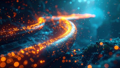 Under sea glowing fiber lights, vibrant connections, futuristic energy, deep blue, orange bokeh, modern technology, creative, calm, digital, gradient style.