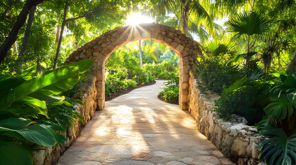 Serene tropical garden pathway with stone archway and lush greenery