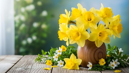 Yellow daffodils in a wooden vase on a rustic table outdoors in springtime