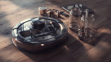 A vintage stainless steel pot sits on a gas stove hob, revealing an intricate antique pocket watch mechanism inside the old metal equipment as heat cooks the glass object in a home kitchen