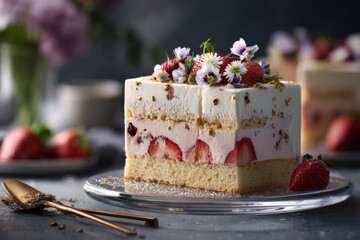 Delicious layered cake with strawberries and edible flowers, beautifully presented on a glass plate, showcasing a delightful dessert experience