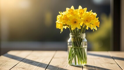 Yellow daffodils in glass vase on wooden table indoors sunny day