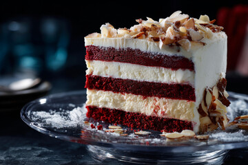 Delicious red velvet cake layered with creamy frosting and topped with almond slivers, beautifully presented on a glass plate for dessert lovers