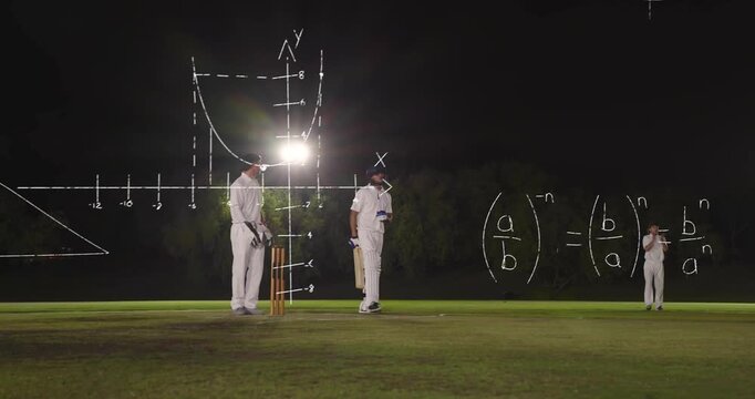 Bowled ball incoming, batsman playing forward shot while math overlays showing trajectory for tech