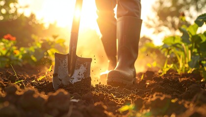 Sunrise gardening boots digging soil, peaceful morning routine, fresh earth, rural lifestyle, nurturing plants, golden sunlight, productive outdoor activity, tranquil agricultural scene.