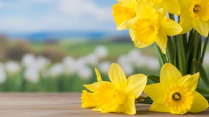 Yellow daffodils on a wooden table in a field with white flowers