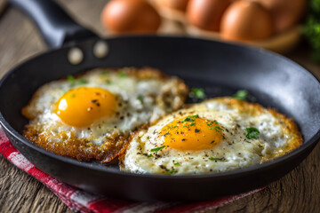 Homemade sunny side up fried eggs in a black frying pan, natural daylight illuminating warm tones on a rustic wooden kitchen table