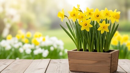 Yellow daffodils in wooden pot on table outside in garden with white flowers