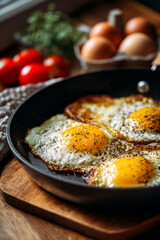 Homemade sunny side up eggs sizzling in a black frying pan, surrounded by fresh ingredients on a rustic wooden kitchen table with warm ambiance