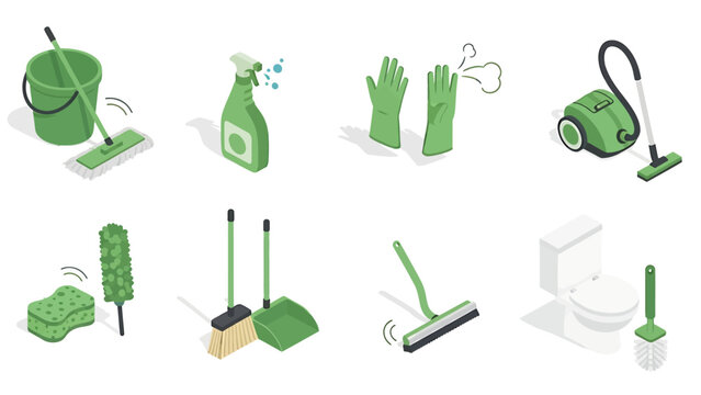 Collection of isometric cleaning tools and supplies for household chores.