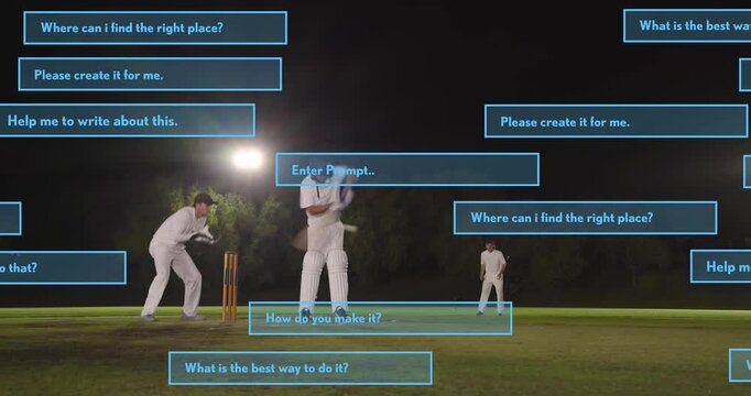 Batsman playing shot to face ball as bowler running in, prompts covering field showing cricket tips