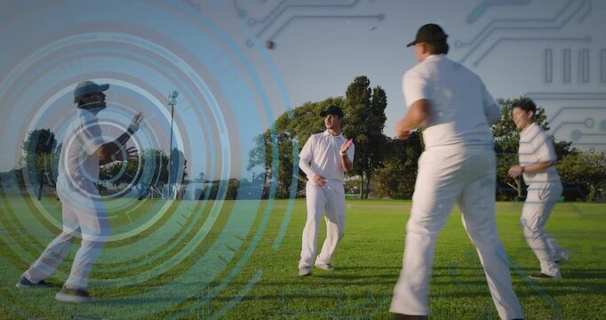 Four cricketers shifting around crease after red ball roll, overlaid target tracking sports drill