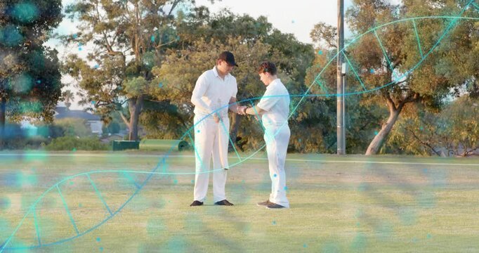 Two cricketers swapping bat after coach prompt, consulting scorebook under turquoise double-helix
