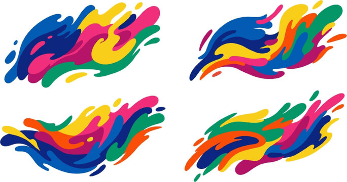 Abstract colorful paint splash vector icon sheet with dynamic swirls and Holi festival powder shapes