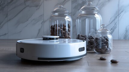 An electric power station provides the supply to a metal kitchen appliance and an electric plug in the car next to an isolated glass blender and a plastic water bottle