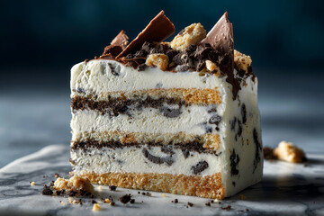 Delicious layered dessert slice featuring creamy ice cream, chocolate, and cookie crumbles, beautifully presented on a marble surface with a rich texture