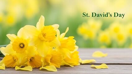 Yellow daffodils on a wooden table on St Davids Day celebration