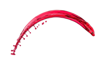 Vibrant ruby-red berry juice dynamically frozen mid-air in an energetic arc with scattered translucent droplets on a transparent studio background, concept of refreshing vitality