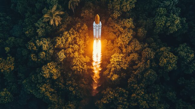 Overhead view of a rocket blasting off above a lush, green tropical forest, leaving a trail of fire