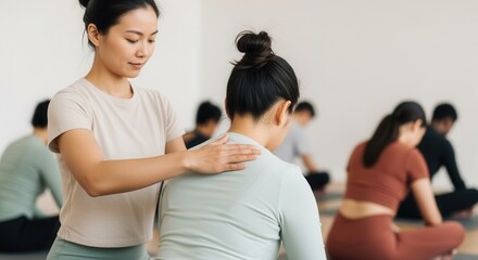Asian yoga instructor adjusting posture of female student. Teacher correcting back alignment in group wellness class. Health and fitness concept