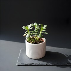 A healthy green jade plant growing in a white ceramic pot on a dark surface
