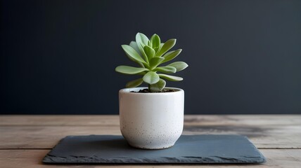 A healthy green succulent plant thrives in a white ceramic pot on a rustic wooden surface