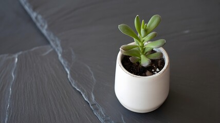 A small green succulent plant in a white ceramic pot rests on a dark textured surface