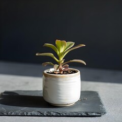 A small succulent plant in a white ceramic pot sits on a dark slate stone