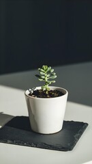 A small green succulent plant in a white pot sits on a dark slate coaster