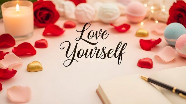 Self love and care with candles and roses