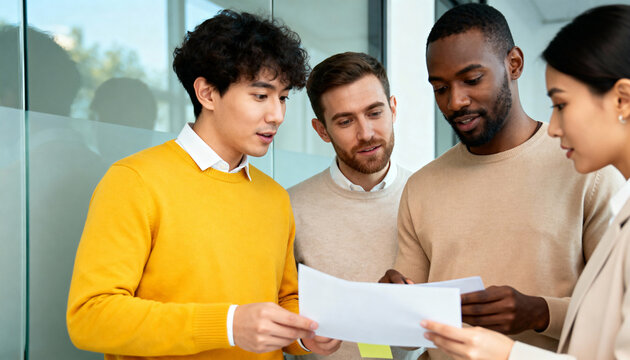 Diverse group of business people analyzing a document in a modern office. Multi-ethnic team of colleagues reviewing a report together. Teamwork and collaboration concept - Powered by Adobe