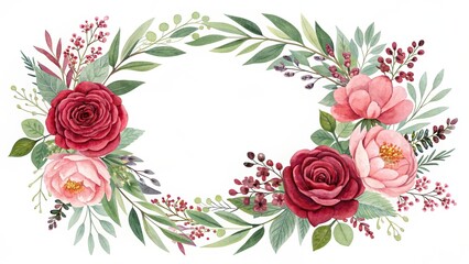 Beautiful floral wreath with pink and red roses and leaves