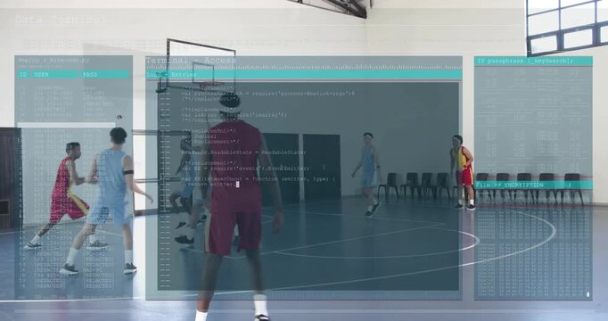 Red or yellow basketball player dribbling baseline, passing UI clearing as defense contesting to sco