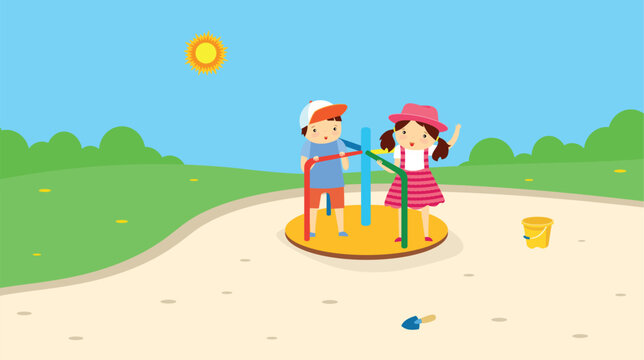 Children playing on the playground. Vector illustration in flat design style.