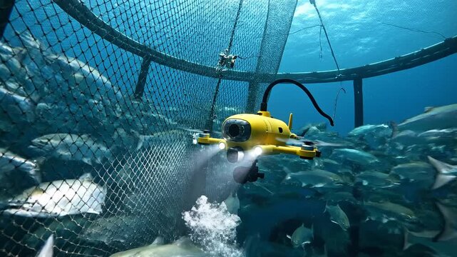 Underwater drone fish farming monitoring technology aquaculture innovation sustainable food production concept
