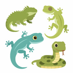 Fototapeta premium Cute cartoon reptiles and amphibians vector illustration set including iguana, gecko, and snake