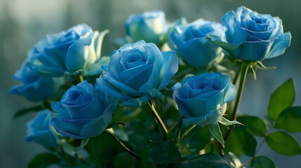 A bouquet of blue roses with dew on them