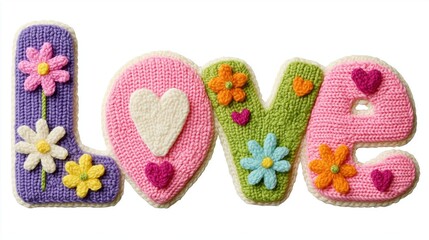 A colorful knitted lettering of the word LOVE