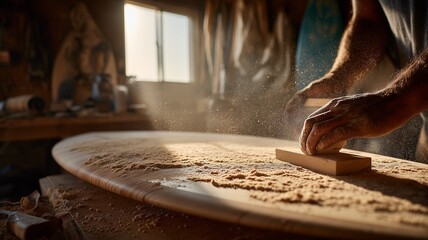 Woodworking Process of Surfboard Creation. Realistic Photo of Hands Shaping Board in Natural Light.