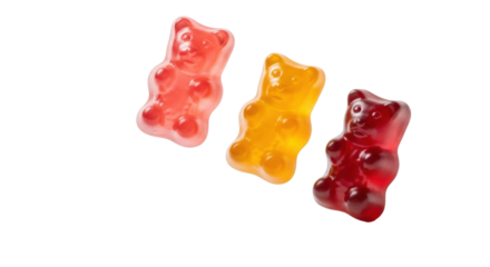 Three glossy, translucent red, orange, dark red gummy bears on a white studio background with soft shadows, photorealistic, concept of sweet delights.