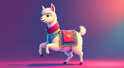 Obraz premium Cartoon llama with scarf and boots on walking on pink ground animal background