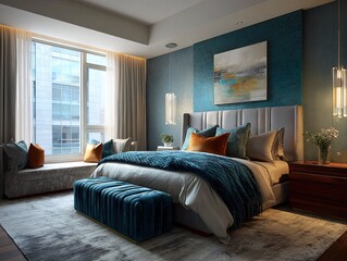 Luxurious Modern Bedroom Interior with City View