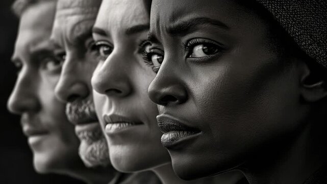 Close up of multiple people with different expressions, showcasing the diversity of human emotion.