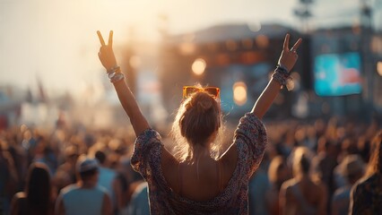 Happy young woman enjoys summer music festival on beach, arms raised, peace sign. Crowd dances near stage in sunlight. Party vibe, live concert enjoyment. Trendy outfit, sunglasses fashion statement.
