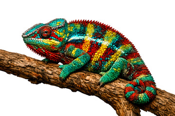 Obraz premium Vibrant Multicolored Chameleon Lizard Perched on Branch With Highly Detailed Scales and Striking Textures Isolated on White Background Showcasing Exotic Wildlife Art